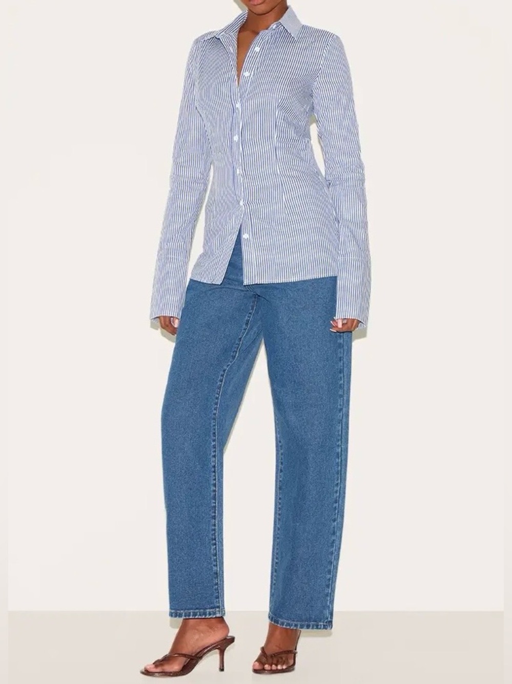 NWT PrettyLittleThing Blue Pinstripe Woven Fitted Shirt Size Large (US 12)